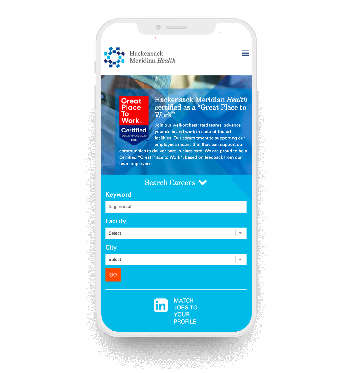 Mobile phone screen displaying Hackensack Meridian Health careers page