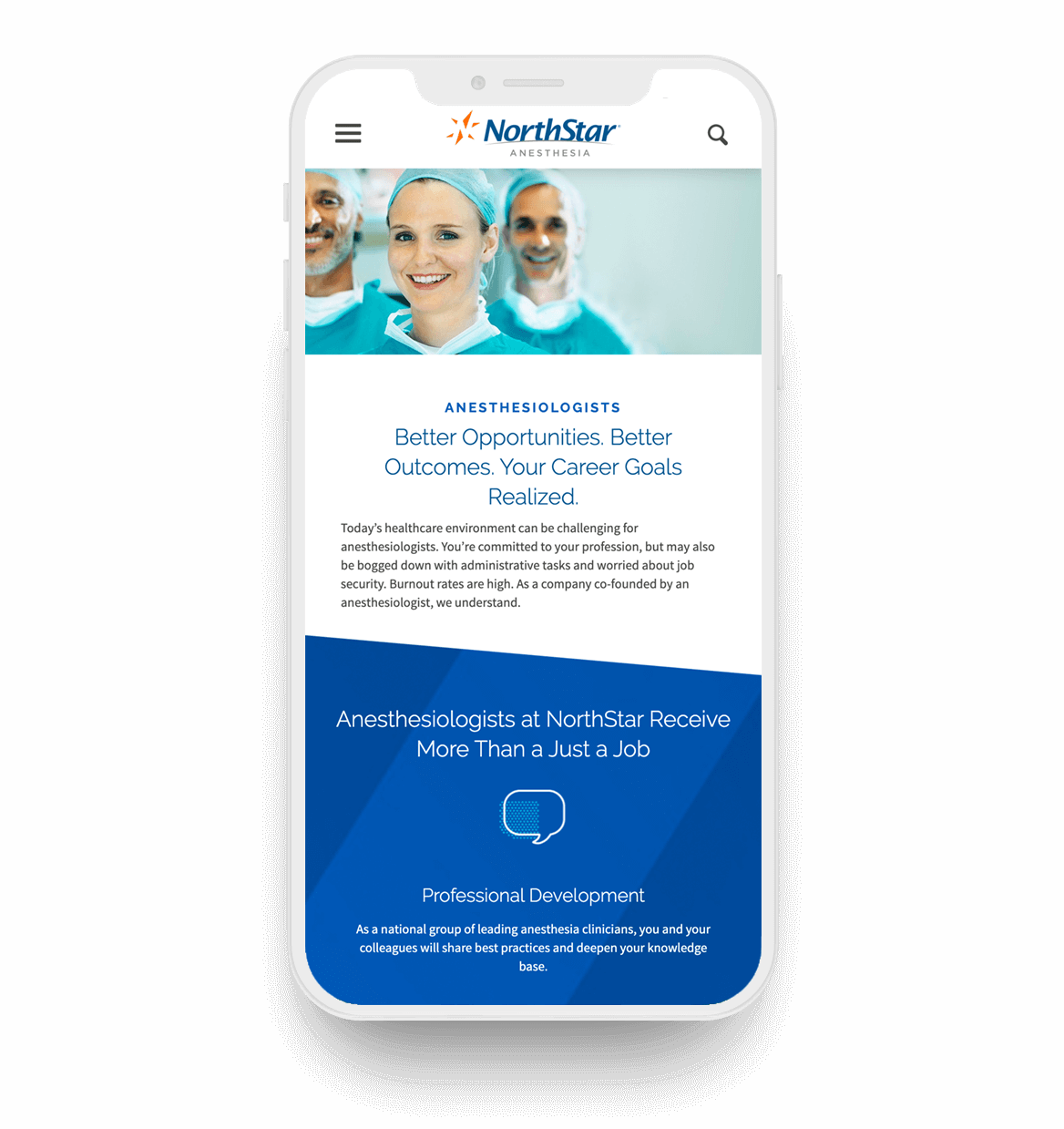 Mobile phone screen showing the career page for NorthStar Anesthesia