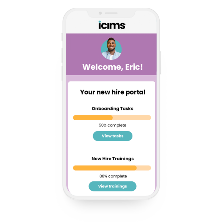 iCIMS new hire onboarding portal on phone showing percentage of onboarding tasks and trainings complete