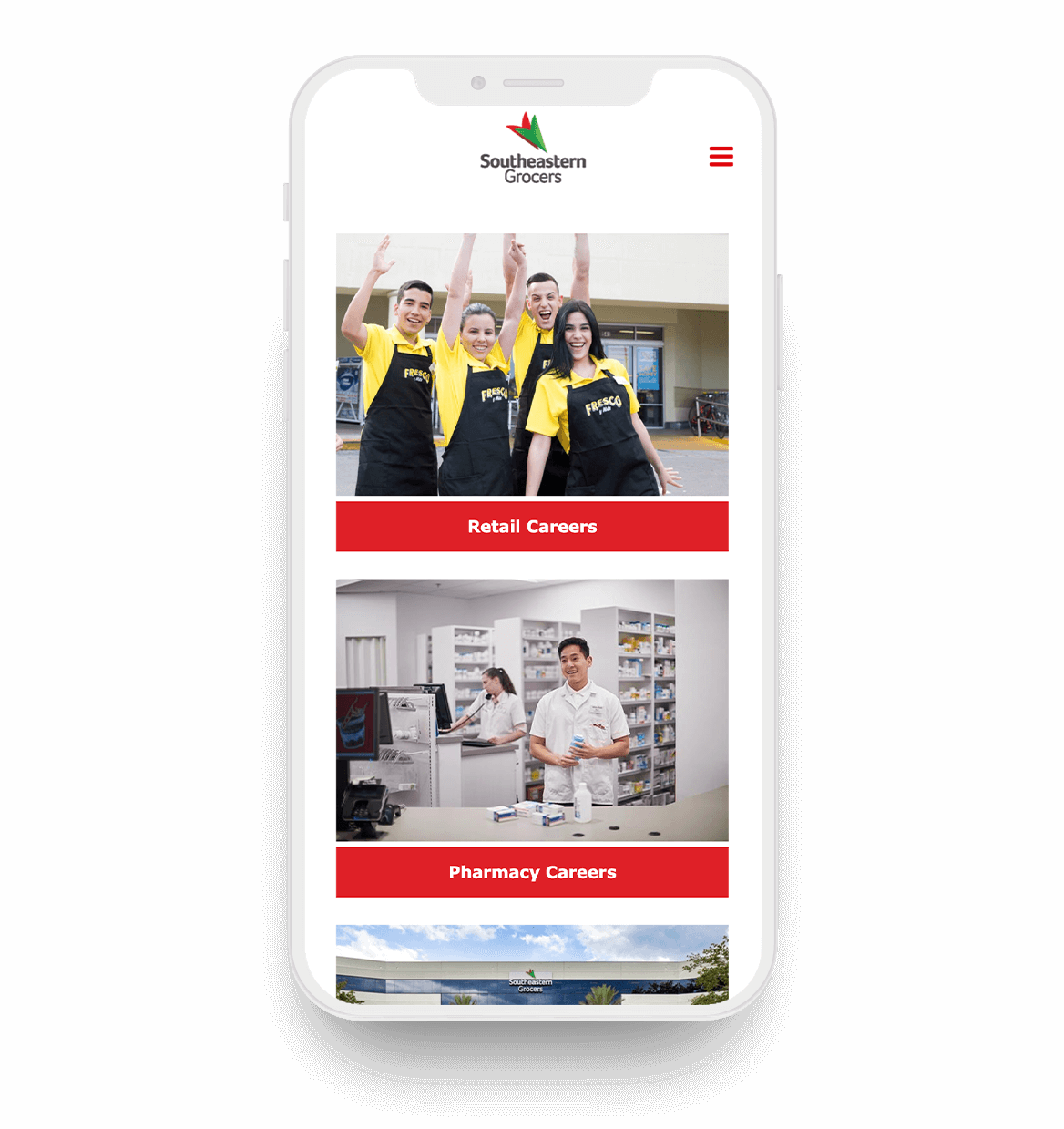 Smart phone screen showing Southeastern Grocers career page